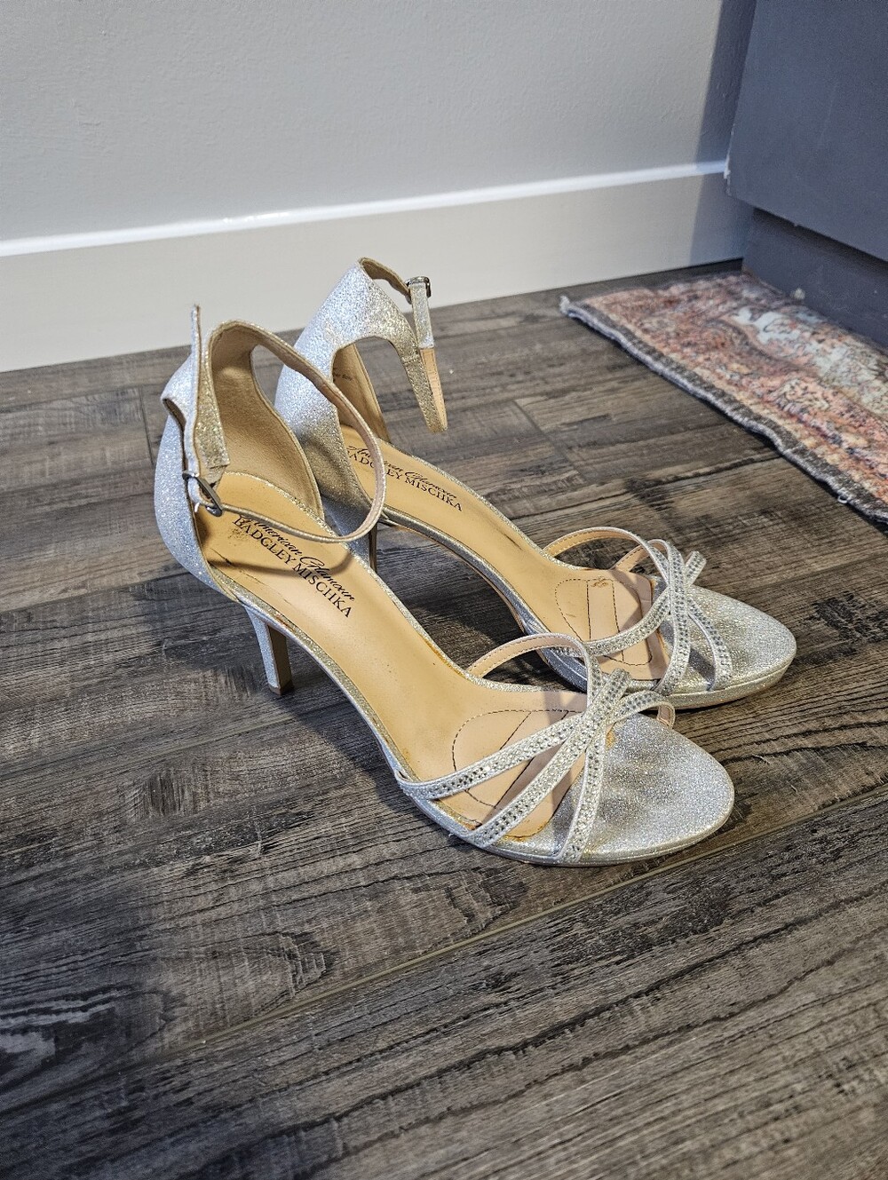 Badgley Mischka Silver Glitter Strappy High Heel Sandals